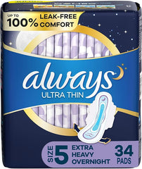 Always Maxi Feminine Pads for Women, Size 5 Extra Heavy Overnight Absorbency, with Wings, Unscented, 36 Count