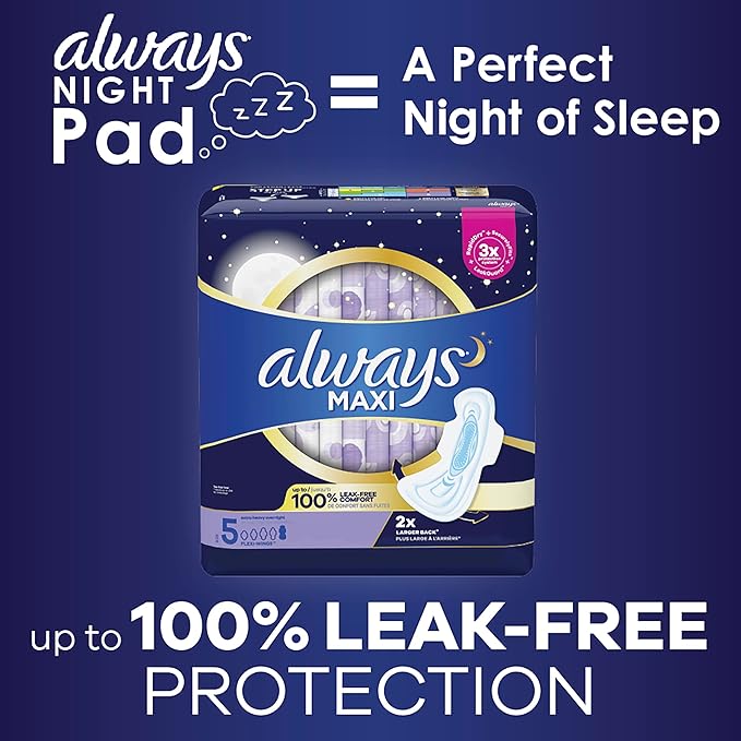 Always Maxi Feminine Pads for Women, Size 5 Extra Heavy Overnight Absorbency, with Wings, Unscented, 36 Count